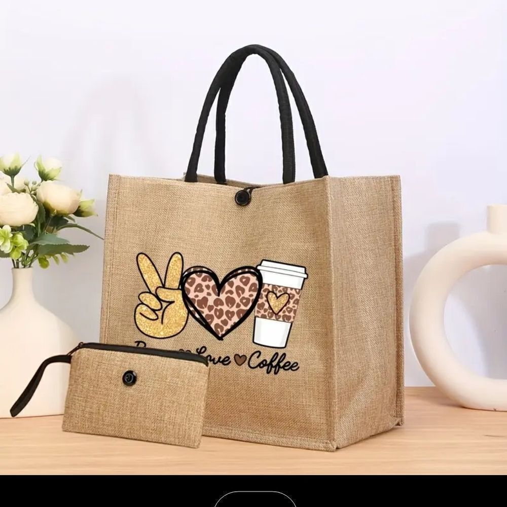 White and Tan Tote Bag with Playful Graphic Design